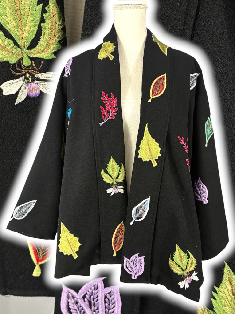 Insect Leaf Embroidered Jacket S Open Front Kimono Butterfly Black Botanical